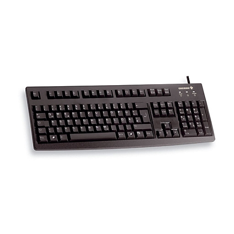 Schwarze Cherry-Tastatur, Draufsicht. Buchstaben, Ziffern und Symbole auf den Tasten. Cherry-Logo oben rechts.