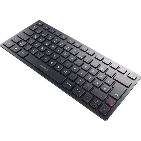 Clavier noir sans fil avec des touches rouges, angle diagonal, marque Cherry.