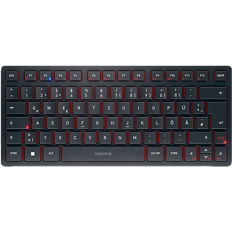 Vue de dessus d'un clavier noir et éclairé. Les touches sont rétroéclairées par des LED rouges. Les lettres sont affichées en blanc.