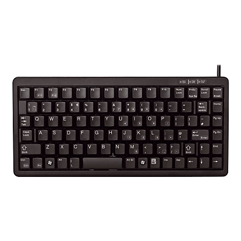 Schwarze, kompakte Tastatur mit weißer Beschriftung. Buchstaben, Zahlen und Sonderzeichen sind deutlich erkennbar. Ein Kabel ragt heraus.