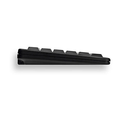 Schwarze Tastatur im Profil, Tasten sichtbar.