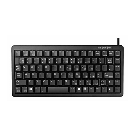 Schwarze Mini-Tastatur, von oben fotografiert, mit weißen Buchstaben und Zahlen auf den Tasten.