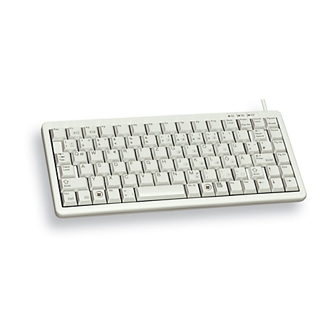 Hellgraue Tastatur mit vielen Tasten, auf weiÃŸem Hintergrund.