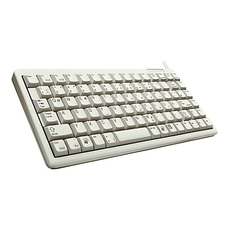 Elfenbeinfarbene Tastatur, flach, mit deutschen Buchstaben. Blick von schrÃ¤g oben.