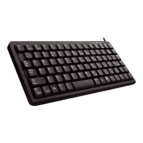 Schwarze, kompakte Tastatur mit weißen Buchstaben. Tasten: Esc, Tab, Shift, Ctrl, Fn. Kabelanschluss oben.