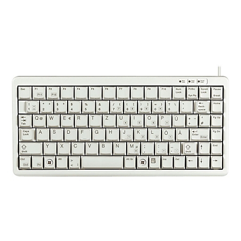 Ein weißes, kompaktes Keyboard mit schwarzen Buchstaben, Zahlen und Symbolen. Tastenbeschriftungen sind erkennbar.