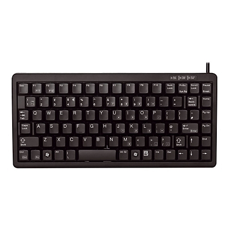 Schwarze, kompakte Tastatur mit vielen Tasten und Beschriftungen, darunter Buchstaben, Zahlen, Sonderzeichen und Funktionstasten.