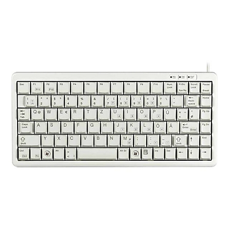 Ein weißes, kompaktes PC-Keyboard. Die Tasten sind hell und beschriftet, mit Fokus auf das Layout mit den deutschen Buchstaben ä, ö, ü, ß.