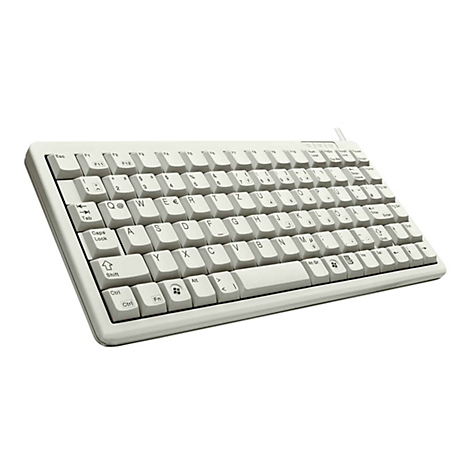 Tastatur in hellem Beige mit weißen Tasten. Buchstaben, Zahlen und Sonderzeichen sind deutlich zu erkennen. Ein Kabel ist sichtbar.