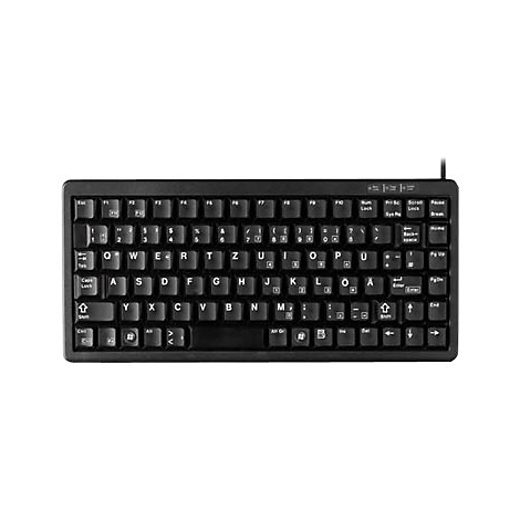 Schwarze Tastatur mit weiÃŸer Beschriftung, Buchstaben, Zahlen, Sonderzeichen, QWERTZ-Layout, Kabel.