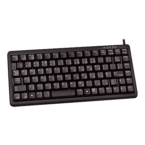 Schwarze, kompakte Tastatur mit weiÃŸen Buchstaben, Ziffern und Symbolen. Ein Kabel ist zu sehen.