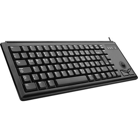 Black keyboard with trackball and additional keys.