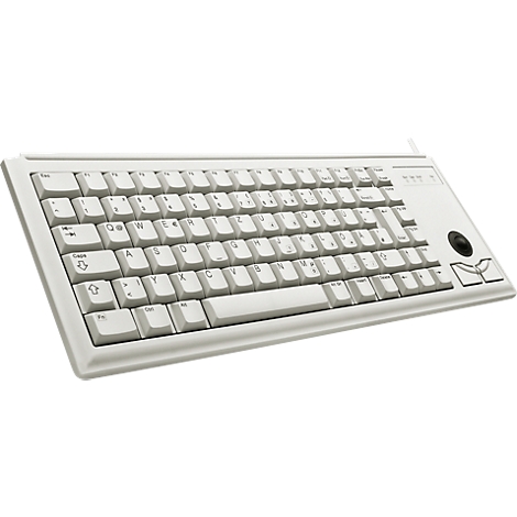 White keyboard with integrated trackball and key inscriptions.