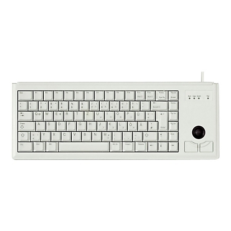Eine weiße Tastatur mit integriertem Trackball und Funktionstasten. Auf den Tasten sind Buchstaben, Zahlen und Sonderzeichen aufgedruckt.