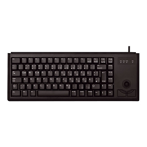 Schwarze Tastatur mit integriertem Trackball und Funktionstasten. Auf den Tasten sind Buchstaben, Zahlen und Sonderzeichen zu sehen.