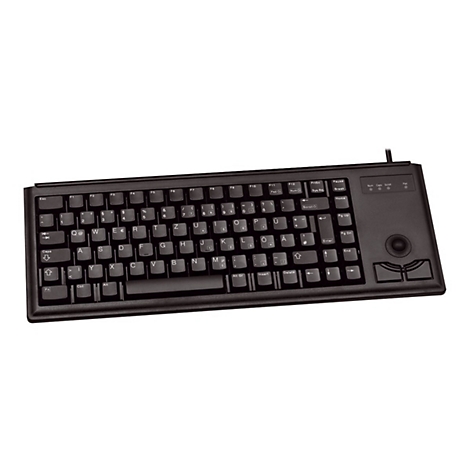 Schwarze Tastatur mit integriertem Trackball und Funktionstasten. Auf den Tasten sind Buchstaben, Zahlen und Sonderzeichen zu sehen.