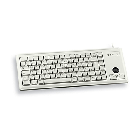 Hellbeige Tastatur mit Trackball und Tastenbeschriftung. Oben Funktions- und Spezialtasten, unten Buchstaben und Sonderzeichen.