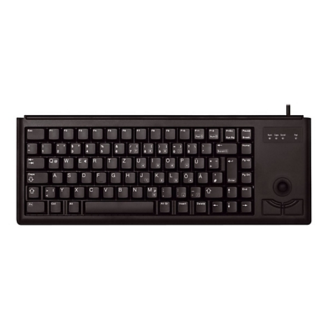 Schwarze Tastatur mit Trackball und zusätzlichen Tasten. Buchstaben, Zahlen und Sonderzeichen sind deutlich beschriftet.