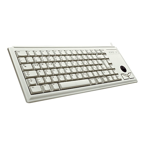 Hellgraue Tastatur mit Trackball und Funktionstasten. Auf den Tasten Buchstaben und Sonderzeichen.