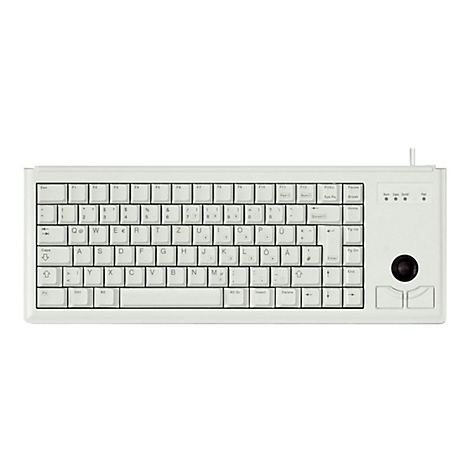 Hellgraue Tastatur mit Trackball und Tastenbeschriftung. Auf der rechten Seite befinden sich Tasten für Cursor und Mausfunktionen.