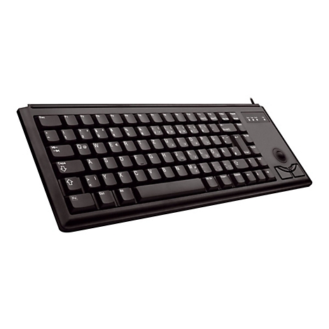 Schwarze Tastatur mit Trackball und eingebauten Tasten. Die Buchstaben sind weiß aufgedruckt.