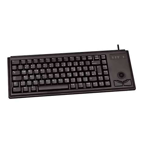 Schwarze Tastatur mit integriertem Trackball und Funktionstasten. Auf dem Tastenfeld sind Buchstaben, Zahlen und Sonderzeichen zu sehen.