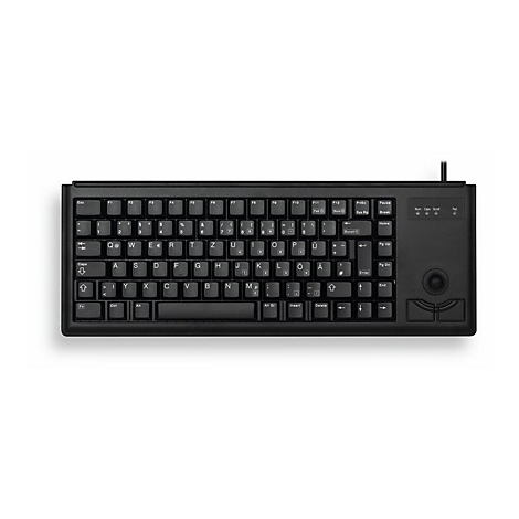 Schwarze Tastatur mit integriertem Trackball und Funktionstasten. Auf den Tasten sind Buchstaben, Zahlen und Sonderzeichen zu sehen.