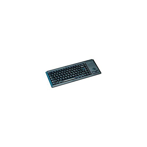 Dunkelgraue Tastatur mit blauem Rand und Touchpad.