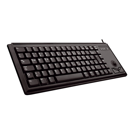 Schwarze Tastatur mit Trackball und Spezialtasten. Buchstaben und Zeichen sind weiß. Kabelanschluss.
