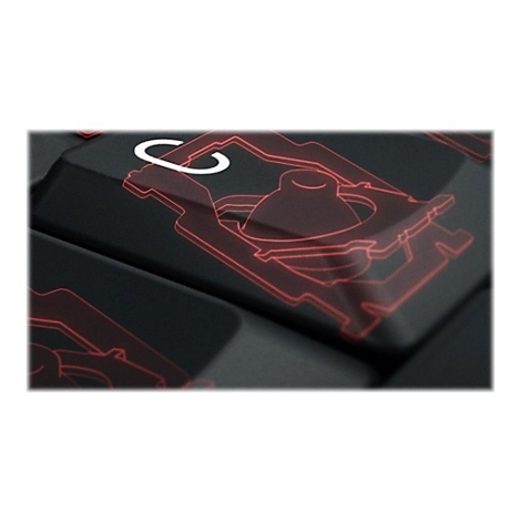 Gros plan d'une touche de clavier noire avec un contour rouge et un symbole blanc. Image de détail.