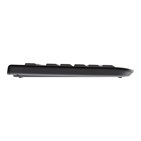 Clavier noir de côté. Touches en haut, bord arrondi et pieds en bas.