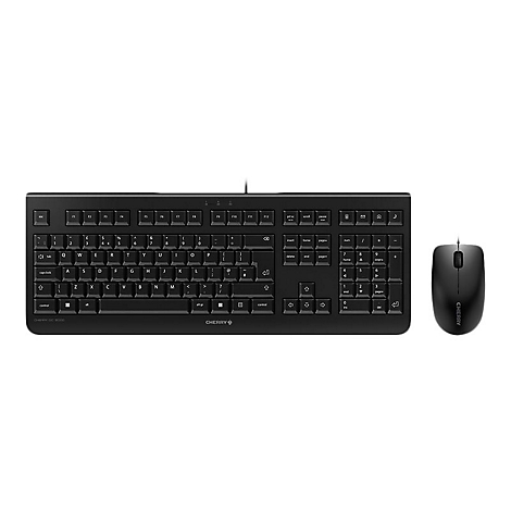 Schwarze Cherry-Tastatur mit zugehöriger Maus. Die Tastatur hat ein klassisches Layout, die Maus ein ergonomisches Design.