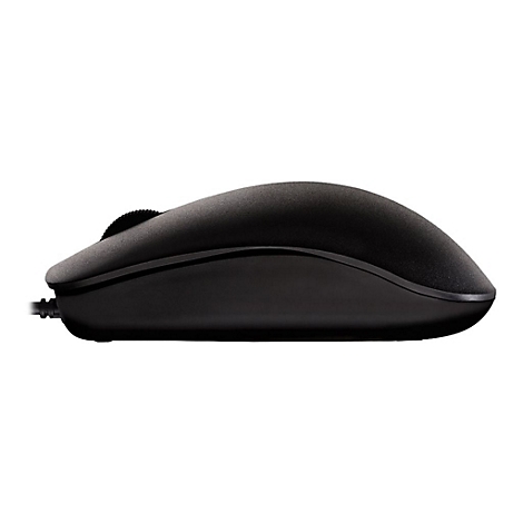 Schwarze Computermaus, Seitenansicht. Ein Scrollrad und ein Kabel sind sichtbar.