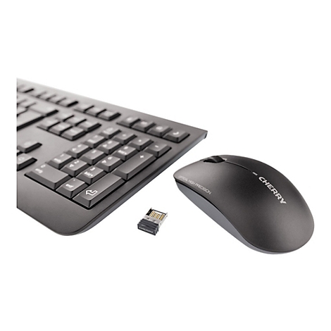Schwarze Tastatur, Maus und USB-EmpfÃ¤nger. Auf der Maus steht Cherry.