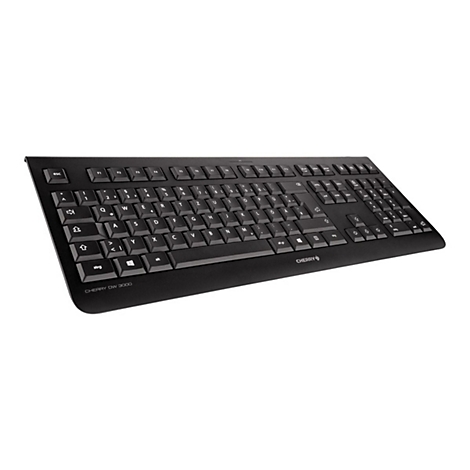 Schwarze Tastatur mit Buchstaben und Zahlen. Aufschrift: CHERRY, Comfort Pro, 3000.