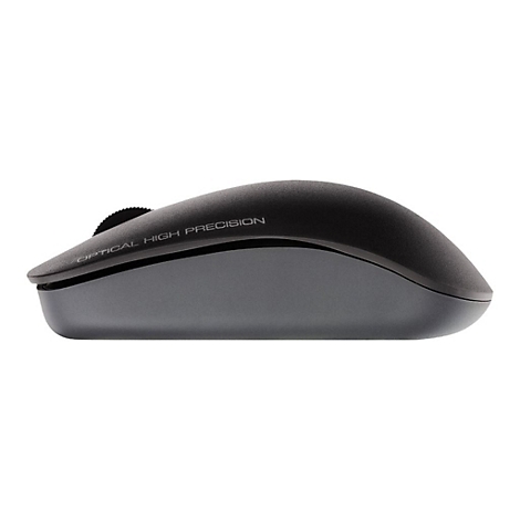 Draufsicht auf eine schwarze, graue Maus mit dem Schriftzug OPTICAL HIGH PRECISION.