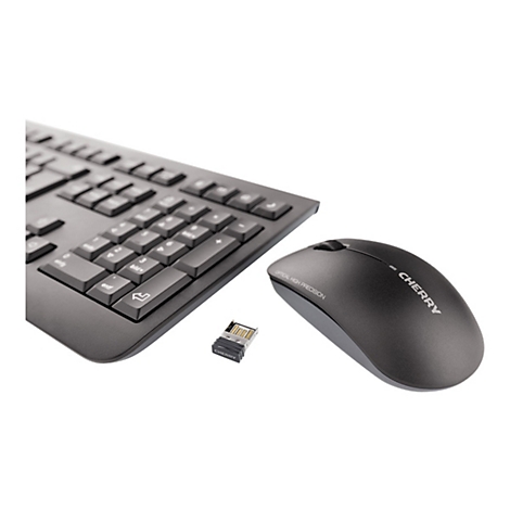 Schwarze Tastatur, Maus und USB-EmpfÃ¤nger, vor weiÃŸem Hintergrund. Auf der Maus steht 'CHERRY'.