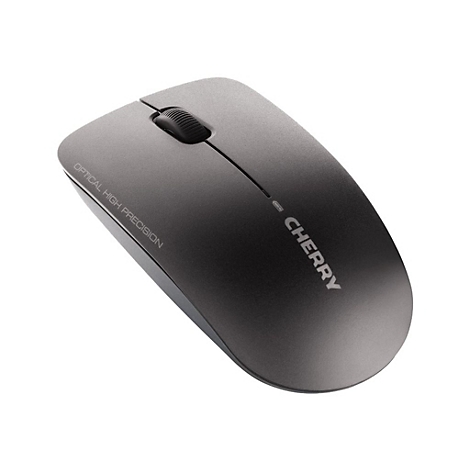Souris d'ordinateur sans fil grise et noire avec le logo "CHERRY" et le texte "OPTICAL HIGH PRECISION".