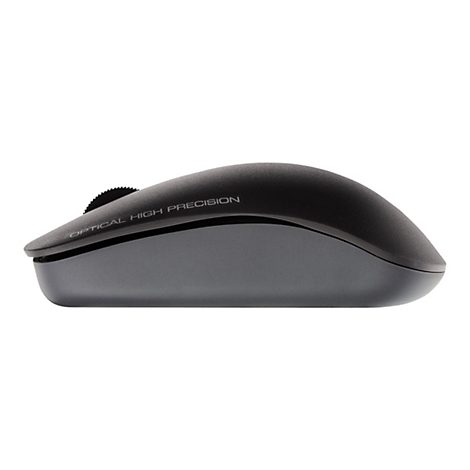 Souris d'ordinateur grise sans fil avec les mots "OPTICAL HIGH PRECISION".