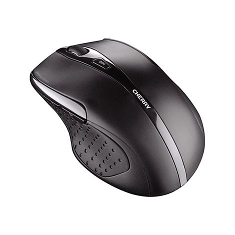 Souris noire Cherry, vue dÃ©taillÃ©e. Molette de dÃ©filement en haut, bouton DPI sur le cÃ´tÃ©. Inscription Cherry. Surface latÃ©rale caoutchoutÃ©e.