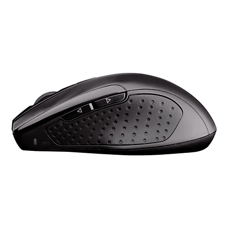 Souris d'ordinateur noire de profil, avec molette de dÃ©filement et touches de fonction, sur fond blanc.