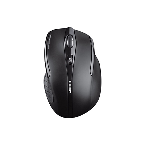 Vue de dessus d'une souris d'ordinateur noire, avec molette de dÃ©filement et bouton DPI. Marque : CHERRY.