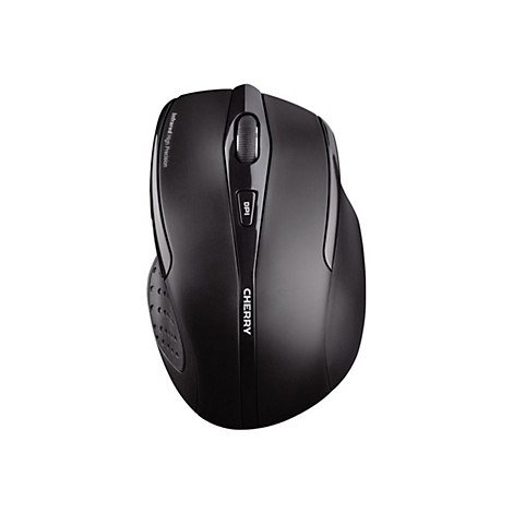 Souris d'ordinateur noire avec molette, bouton DPI et logo Cherry.