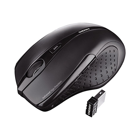 Souris sans fil Cherry noire avec bouton DPI et récepteur USB.