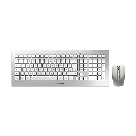 Hellgraue Tastatur und Maus. Die Tastatur hat weiße Tasten mit schwarzer Schrift. Auf der Maus befinden sich zwei Tasten und ein Scrollrad.