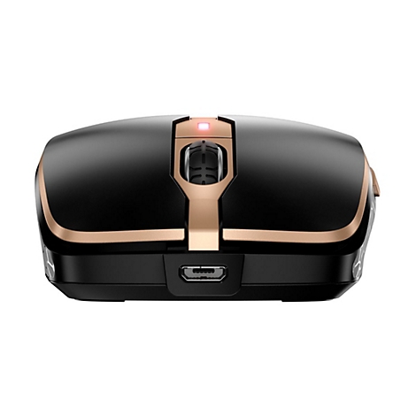 Schwarze, goldfarbene Gaming-Maus. Oberseite mit zentralem Scrollrad, USB-Anschluss unten.