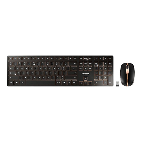 Schwarzes kabelloses Tastatur- und Mausset mit goldenen Akzenten. Die Tastatur zeigt Tasten, die Maus ein vertikales Goldband.