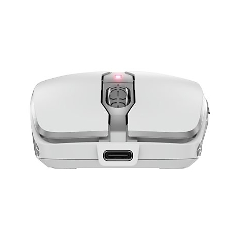 Vue de dessus d'une souris blanche avec des accents argentés, un port USB-C et une lumière rouge.
