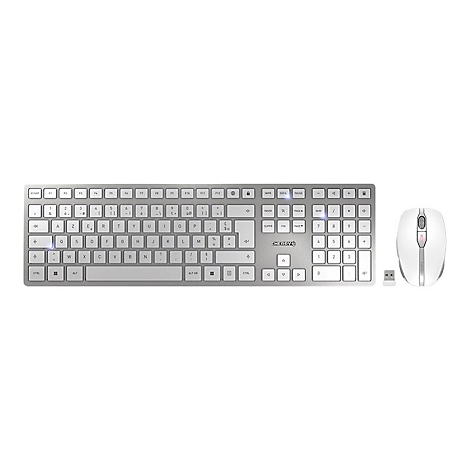 Draufsicht auf ein silbernes Tastatur-Maus-Set mit weißer Maus, USB-Empfänger auf weißem Hintergrund.
