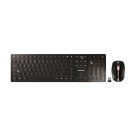 Drahtloses Tastatur-Maus-Set in Schwarz mit goldenen Akzenten. Die Tastatur und Maus liegen auf weißem Hintergrund.